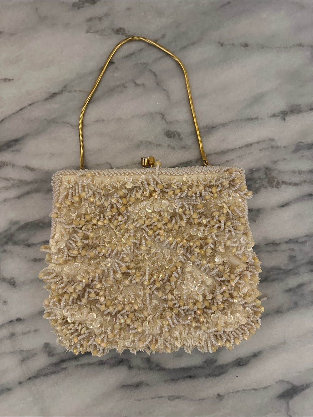 Vintage Beaded Ivory Evening Bag with Gold Chain Handle